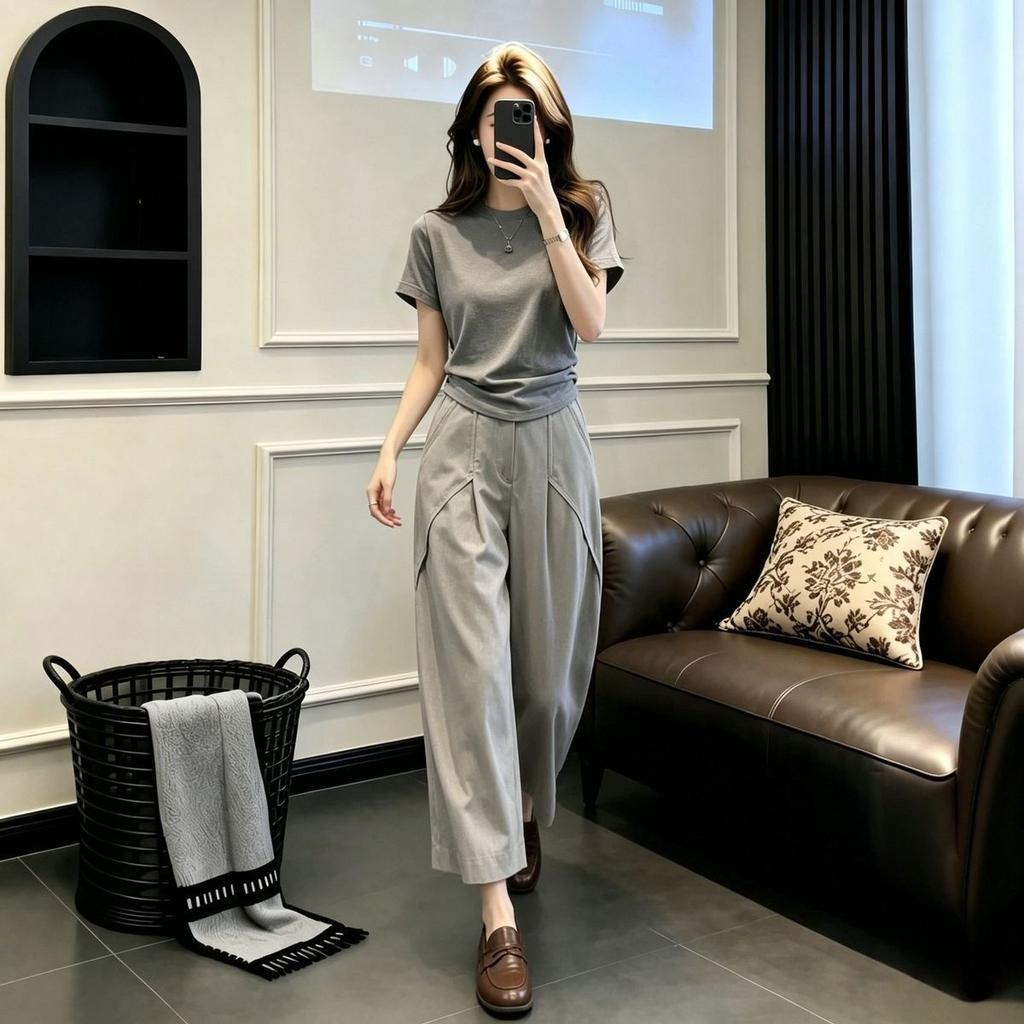 Korean Minimalist Suit Women's Summer New Slim-fitting and Thin Short-sleeved T-shirt Pleated Wide-leg Pants Two-piece Set