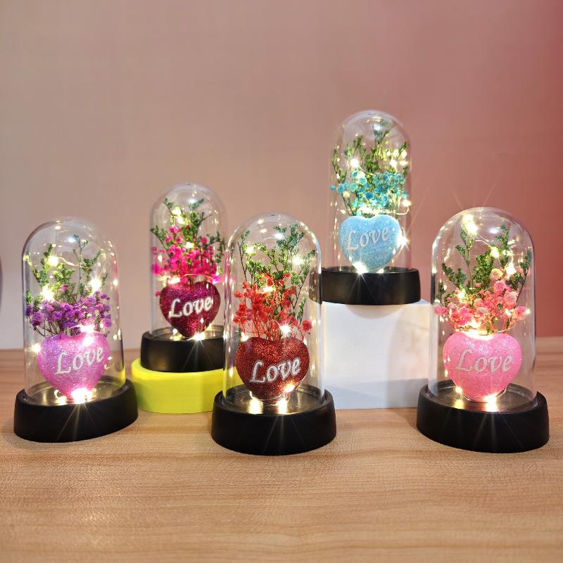 1 Piece Valentine's Day Gift Gypsophila Love Heart Flower Bouquet With Lamp Night Light Acrylic Cover Home Decoration Crafts