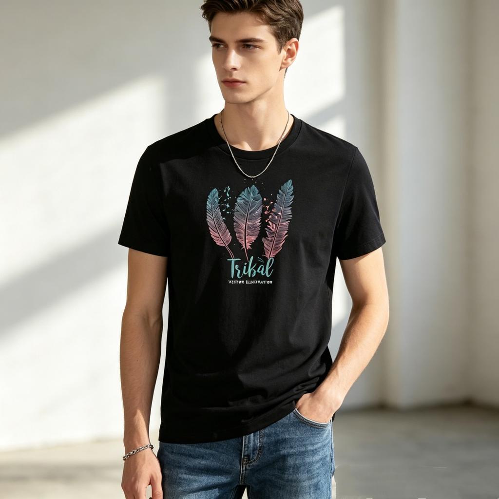 Men's Plus Size Cotton T-Shirt Short Sleeve Print Colorful Feathers Tee Breathable Oversized Male Tops