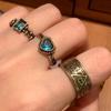 Retro Geometry Stainless Steel Bronze Color Relief Devil's Eye Square Heart-shaped Blue Zircon Open Rings for Women Men Jewelry