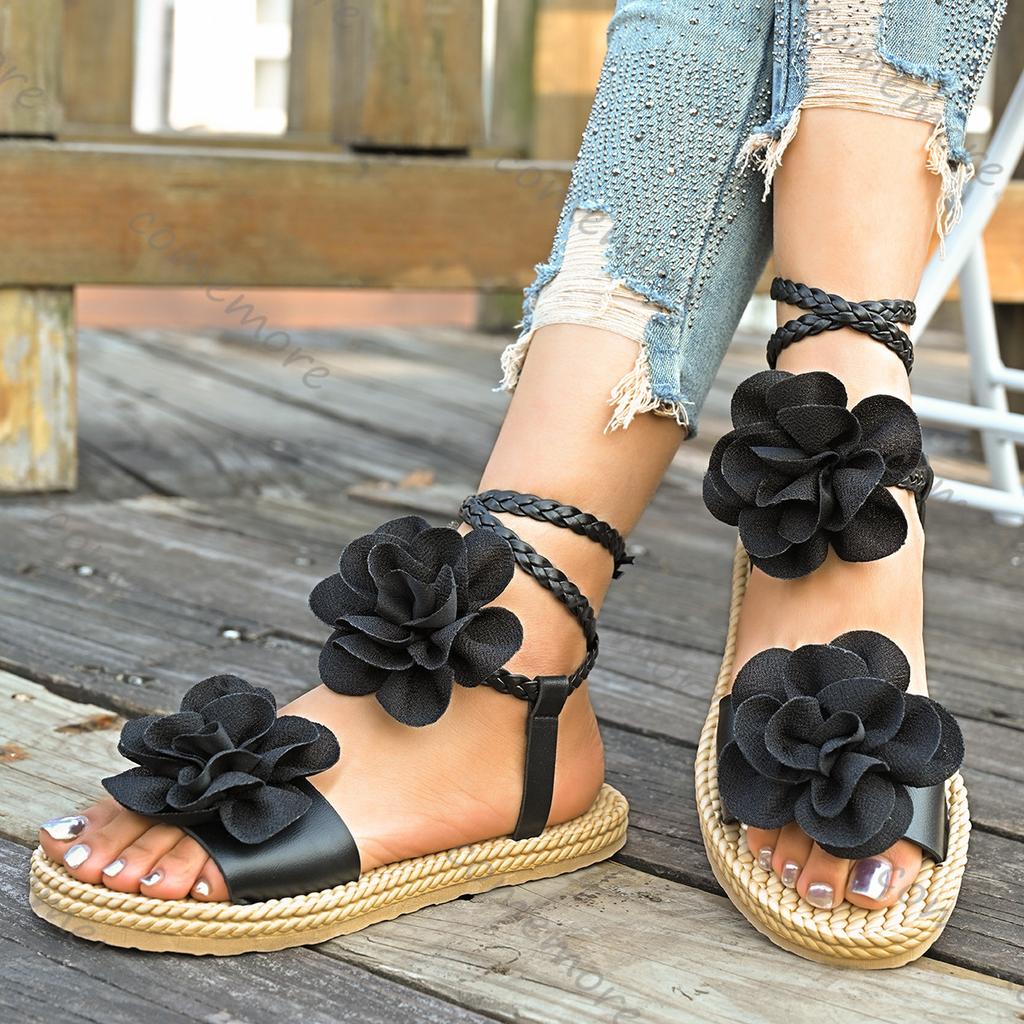 Comemore Summer Female Beach Sandals Outer Wear Thick Bottom Shoes Large-sized Ankle Lace-up Roman Flower Sandales for Women