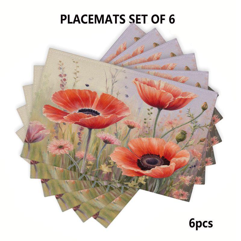 4/6pcs Rectangular Placemats - 12X18 Inch Countryside Poppy Heat-Resistant Placemats with 2D Element Design, Durable And Washable Polyester Tableware