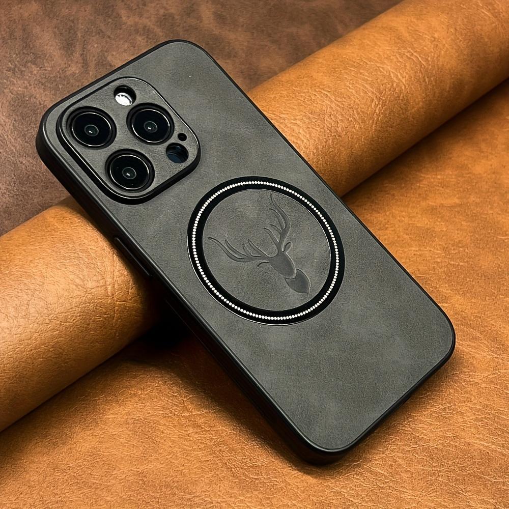 Luxuriöse Kunstschaffell-Kunstlederhülle für iPhone 17 16 15 14 13 12 Pro Max Plus Hirschkopf Magnetische Kabellose Aufladung Weiche Stoßfeste Abdeckung
