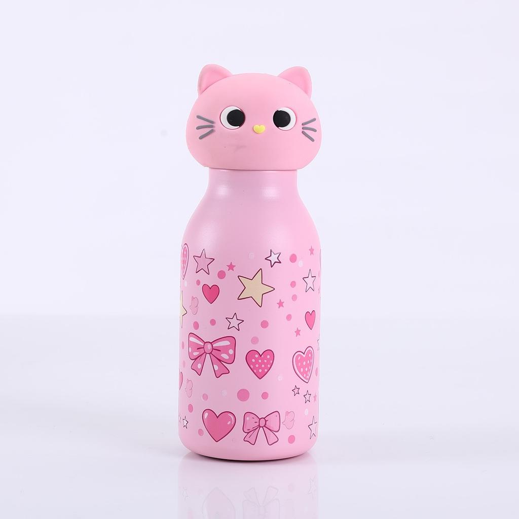 Bouteille d'eau isotherme en acier inoxydable avec tête douce amovible en forme de chat Thermos en forme de chat de dessin animé avec paille pour enfants