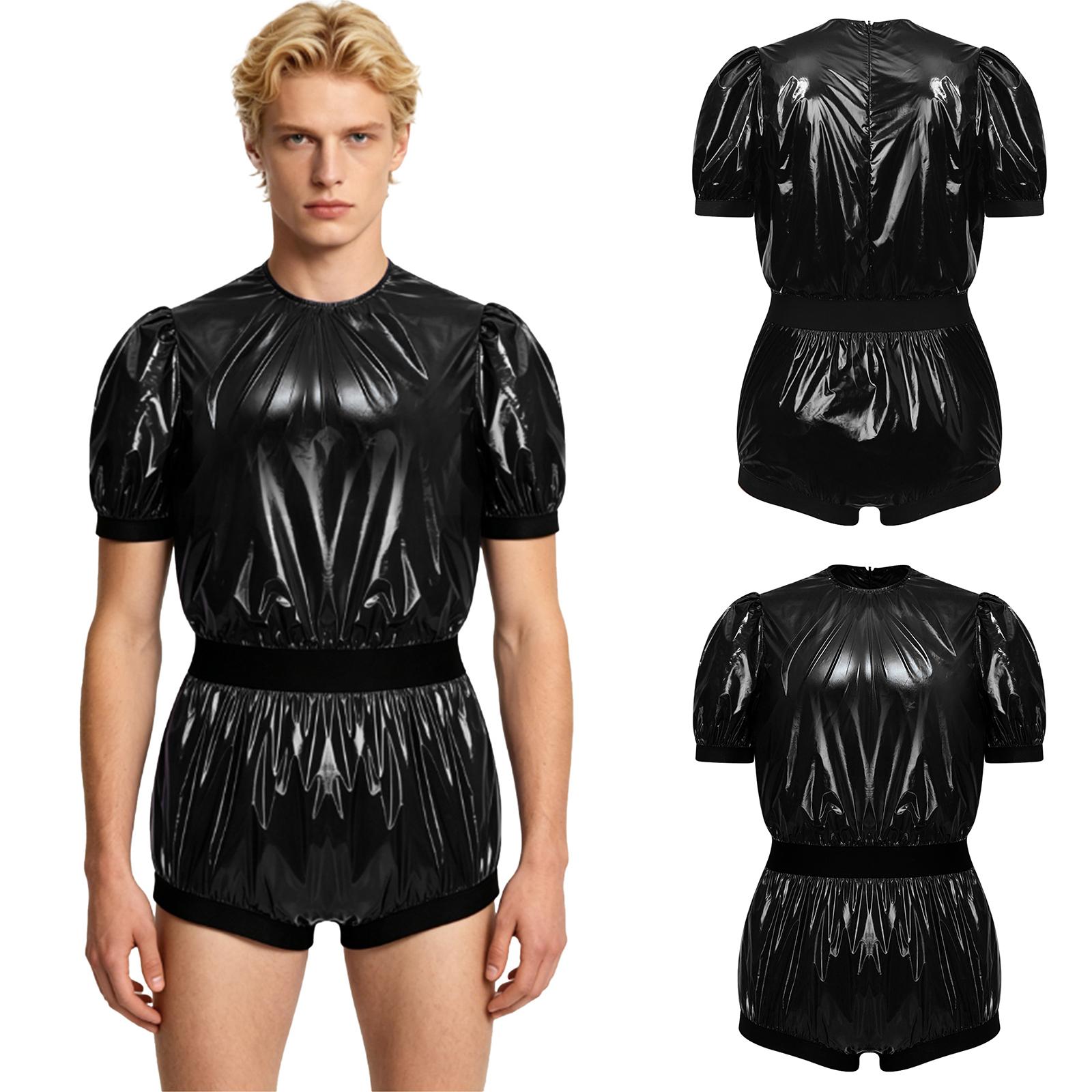 S-3XL Wasserdichter öliger Strampler für Herren, kurzärmelig, Reißverschluss hinten, elastischer Bund, einteiliger Body Jumpsuit, Clubwear, auslaufsichere Windelkleidung für ältere Menschen S schwarz