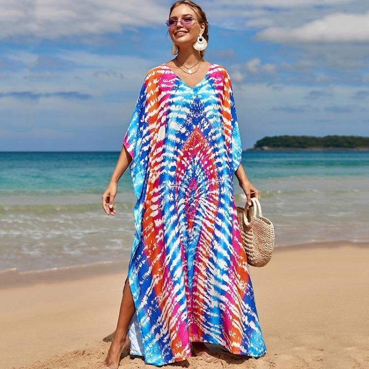 Colorful Printed Boho Beach Kaftan Dress Women Plus Size Maxi Summer Cover Up Rayon Bathing Suit