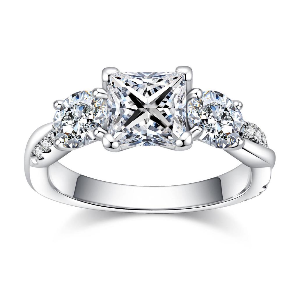 925 Silver Princess Cut Moissanite Ring with Twisted Arm and Four-Claw Setting - Light Luxury, High-End 18k Plated.