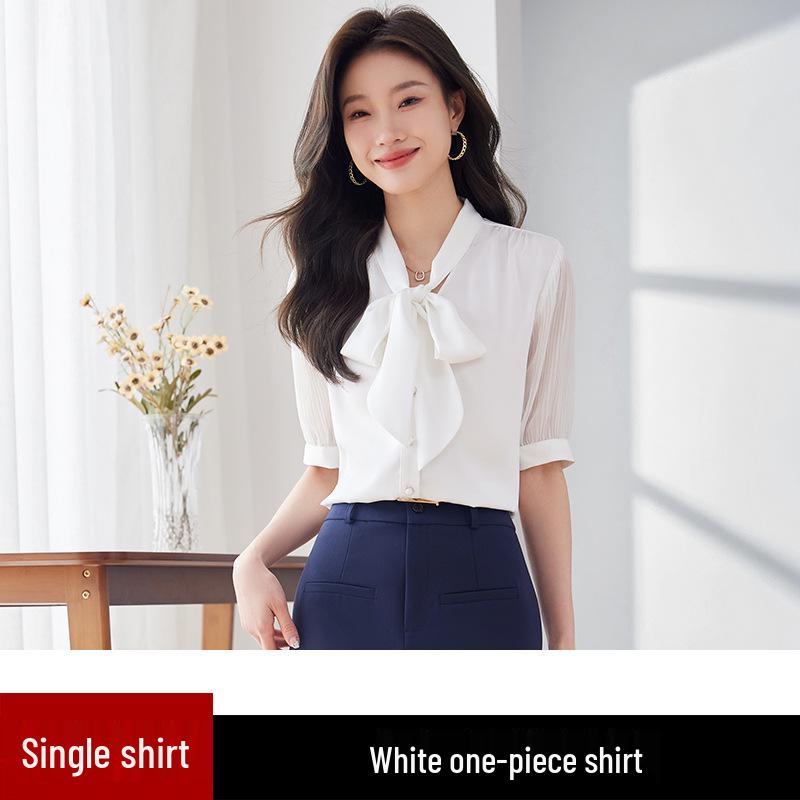 

Женский летний шифоновый комплект: блузка и юбка миди - Короткий рукав, Приталенный, Офисный стиль, Белая рубашка XL