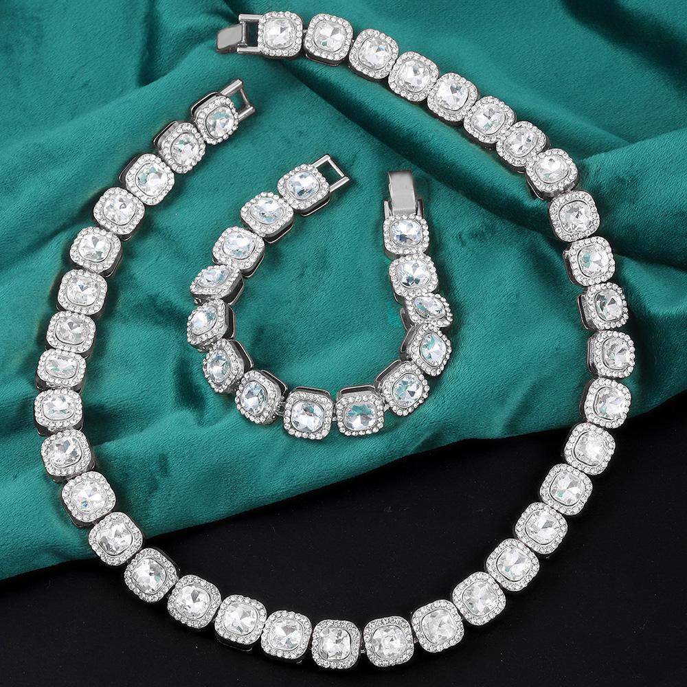 3pcs Copper Watch Jewelry Set Iced Out Cube Sugar Chain+Bracelet With Stylish Inlay Diamond Watch For Men Women Trend Party Gift