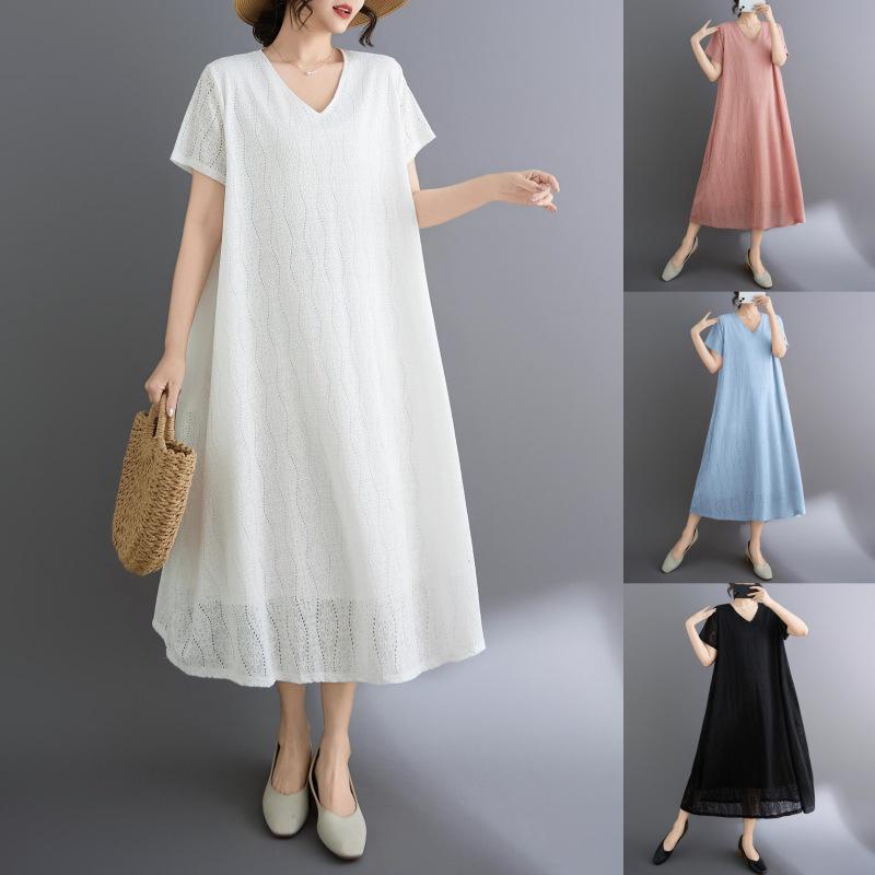2026 Korean Style V-Neck Plus Size Lace Travel Resort Dress for Women