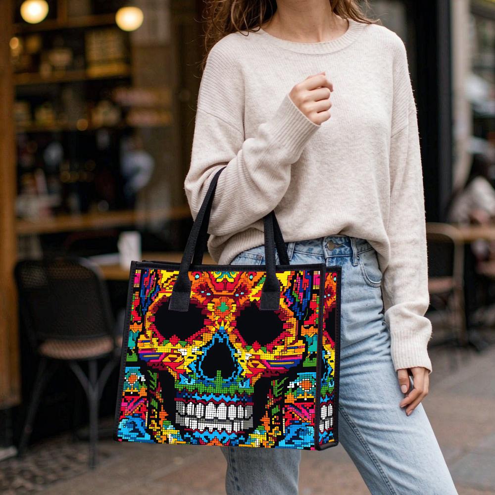 Pixel Art Skull Pattern Tote Bag Fashion Casual Daily Shoulder Handbag for Streetwear
