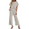 Women's Casual Two Piece Set Striped Top and Pants Loose Fit Short Sleeve Pullover with Elastic Waistband Wide Leg Trousers