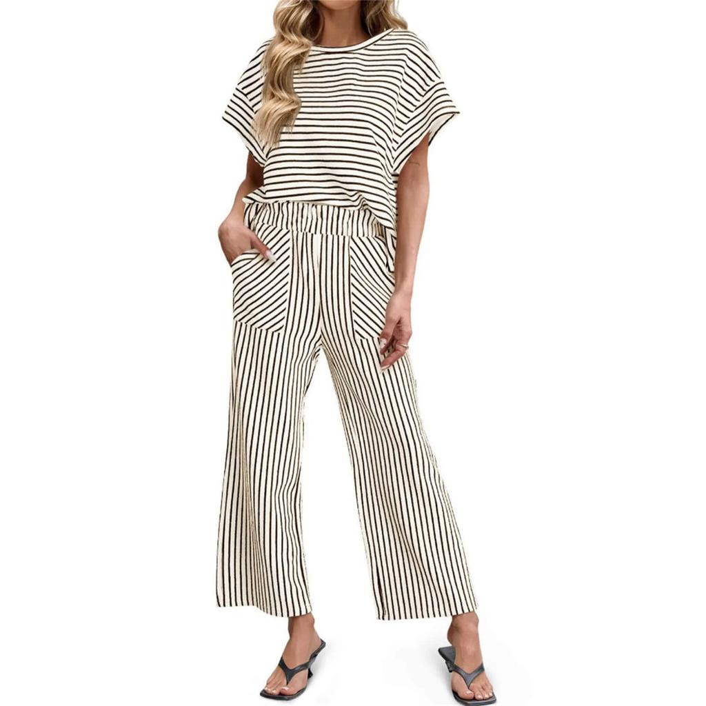 Women's Casual Two Piece Set Striped Top and Pants Loose Fit Short Sleeve Pullover with Elastic Waistband Wide Leg Trousers