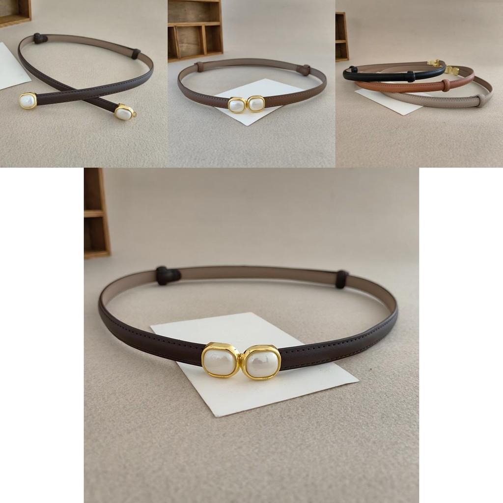 Women Fashionable Leather Belt With Pearl Metal Buckle For Office Weekend Gift