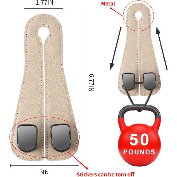 2 Pack KAFANLIN Car Headrest Hooks For Purses And Bags Cute Leather Car Seat Back Head Rest Double Hooks For Bags Cute Pink Beige Car Accessories