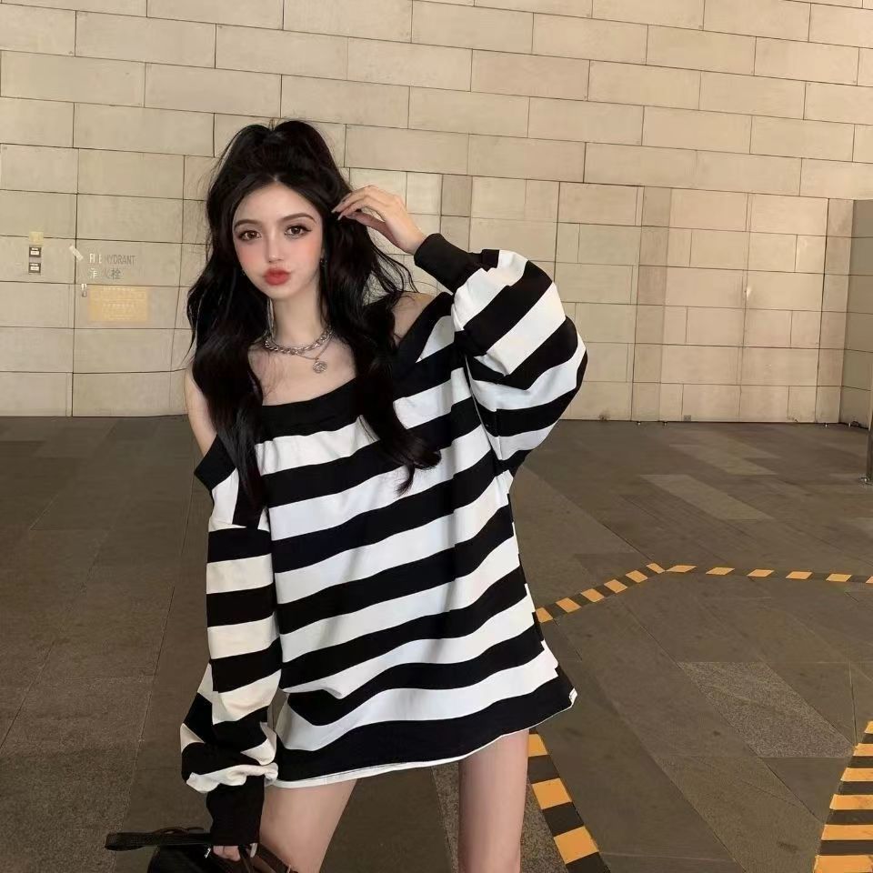 Women New Striped Sweatshirt Loose and Slim Lantern Sleeves Off-shoulder Mid-length Popular on the Street Sweatshirts