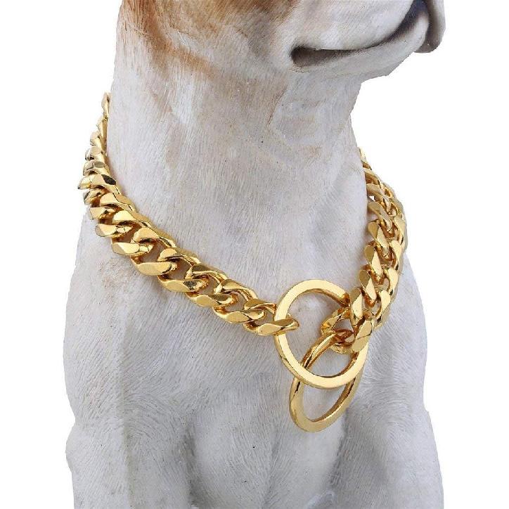 Chain Dog Collar 18K Gold Cuban Link Dog Chain Chain Collar Metal Stainless Steel Heavy Duty Slip Dog Collars for Small, Medium, and Large Dogs(15MM,