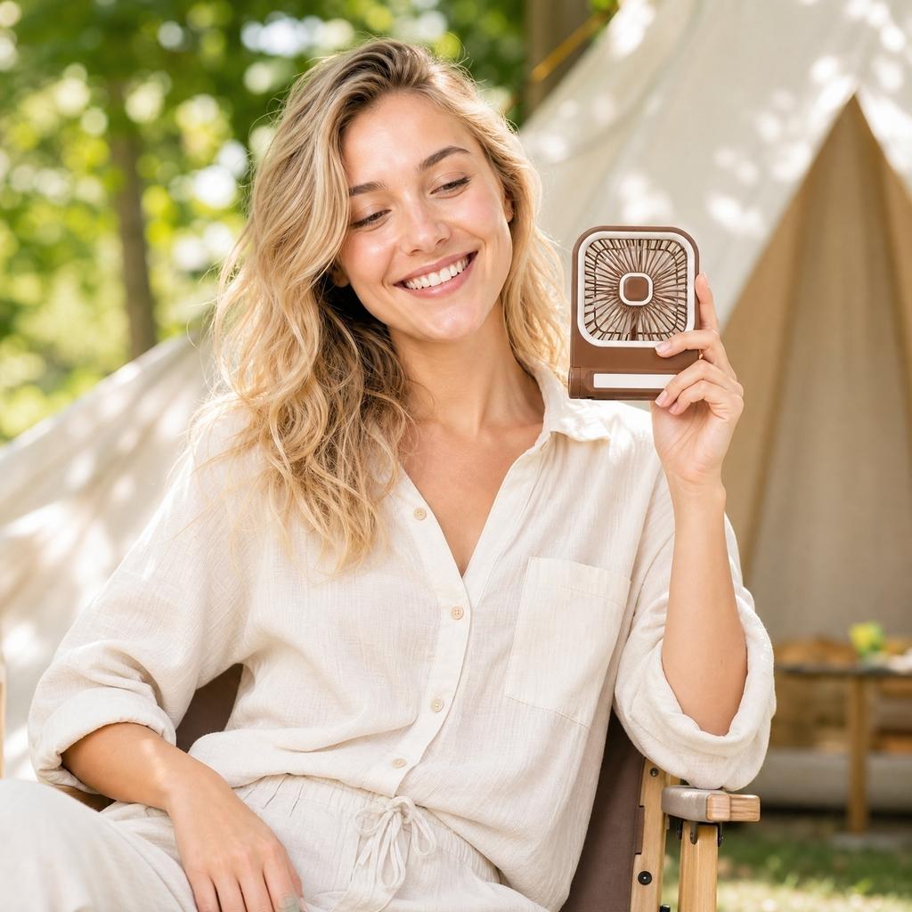 Square Desktop USB Rechargeable Fan with Three Speed Settings Portable Table Fan for Indoor Outdoor Camping and Wall Mount Use