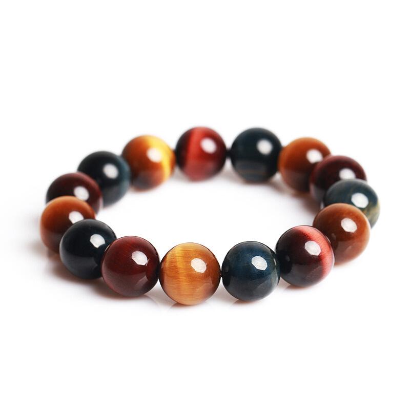 Tri-Color Tiger Eye and Eagle Eye Stone Bracelet for Men and Women, 8-14mm Natural Red, Yellow, and Blue Stones with Wood Crystal.