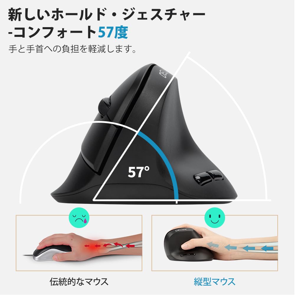 DELUX Ergonomic Wireless 75g Vertical 2400 DPI for Carpal and Hand for and Laptops GX Mouse, 2.4G, Lightweight, Mouse, DPI, Three-Level Adjustment,