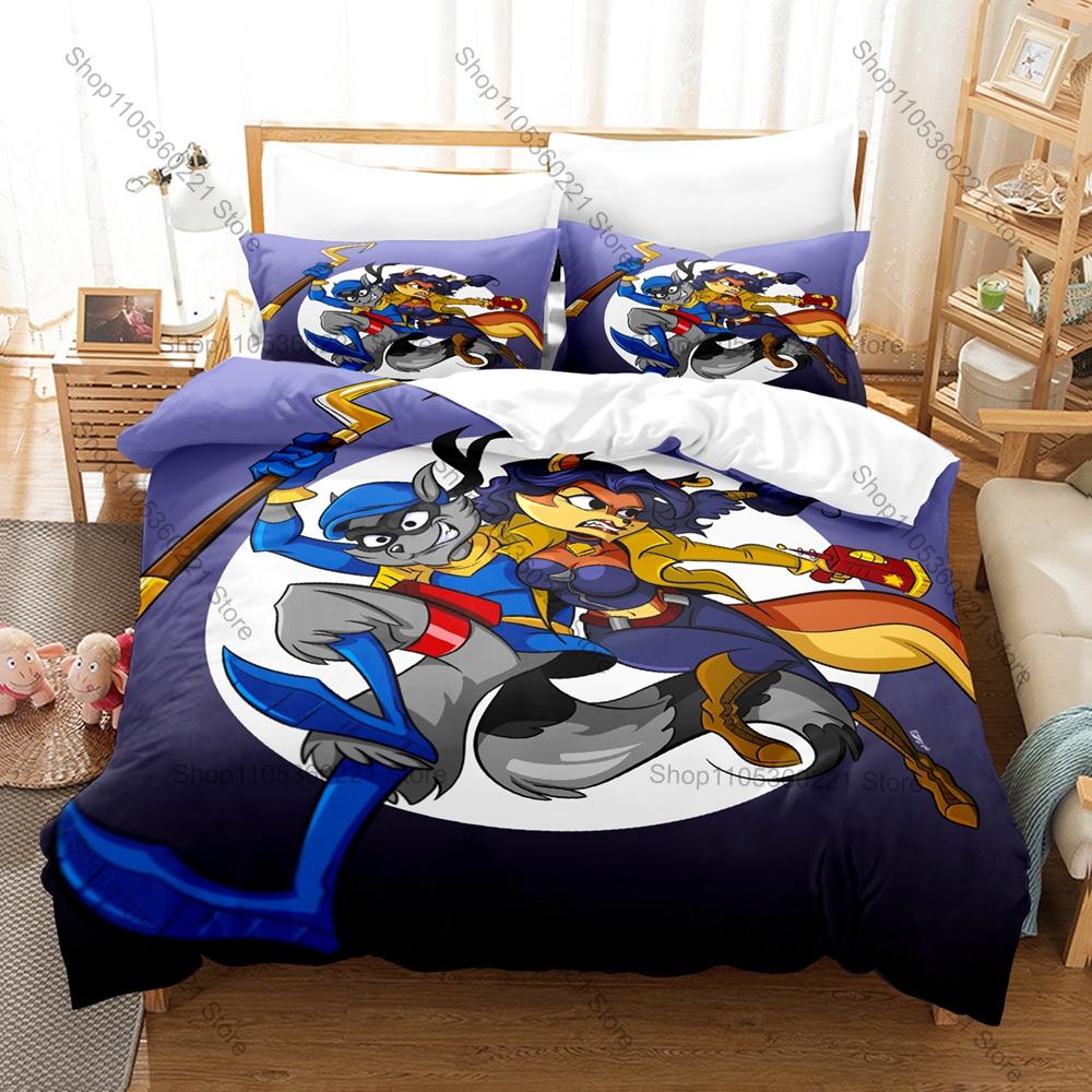 Set Biancheria da Letto Gioco Retro Sly Cooper, Copripiumino & 2 Federe, Carino Motivo Procione Ladro Tessuto Traspirante Uso Stagione Singola