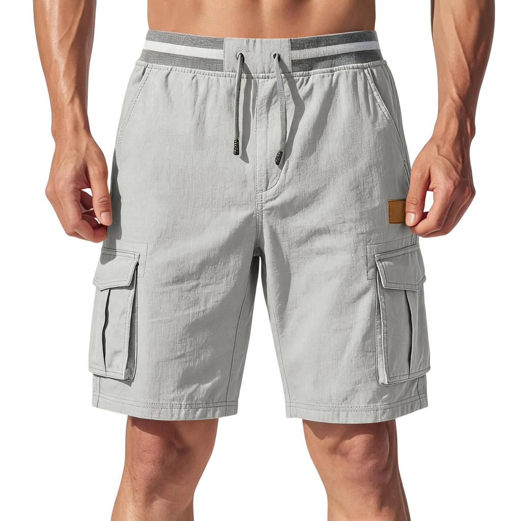 Pantalones Cortos Cargo Ligeros Transpirables con Cintura Elástica y Cordón, Estilo Casual Vintage para Hombre, Múltiples Bolsillos para Actividades al Aire Libre