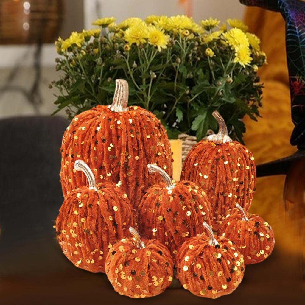 7x Artificial Glitter Pumpkins Fake Pumpkin Centerpiece Party Lifelike Home Halloween Craftsmanship Holiday Fall Decorations