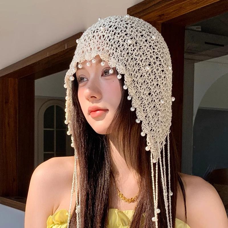 

Hollow pearl fringed pendant Baotou hat women s summer famous style knitted pullover hat retro face hat хакі