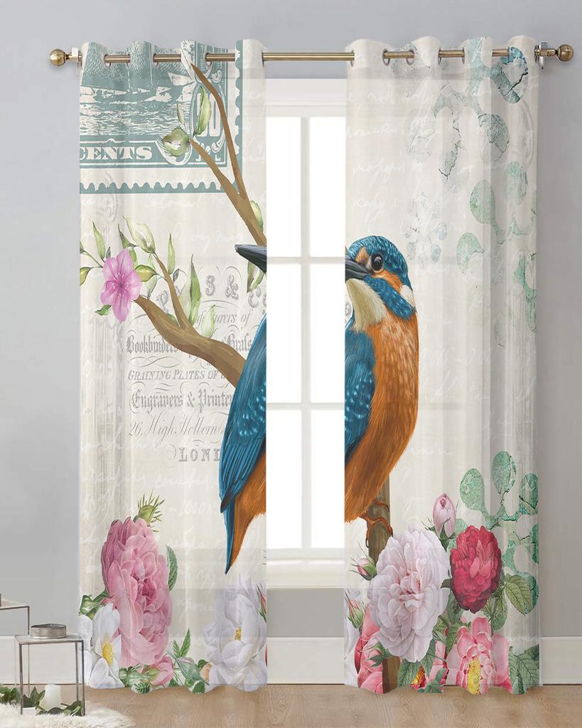 Vintage Flowers Bird Sheer Curtains for Living Room Decoration Window Curtains for Kitchen Tulle Voile Organza Curtains