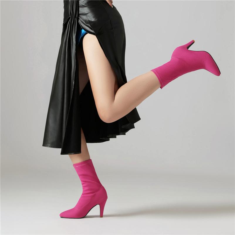 FOREADA Women Ankle Boots Pointed Toe Chunky High Heels Stretch Short Boots Ladies Fashion Shoes Autumn Winter Purple Orange 46