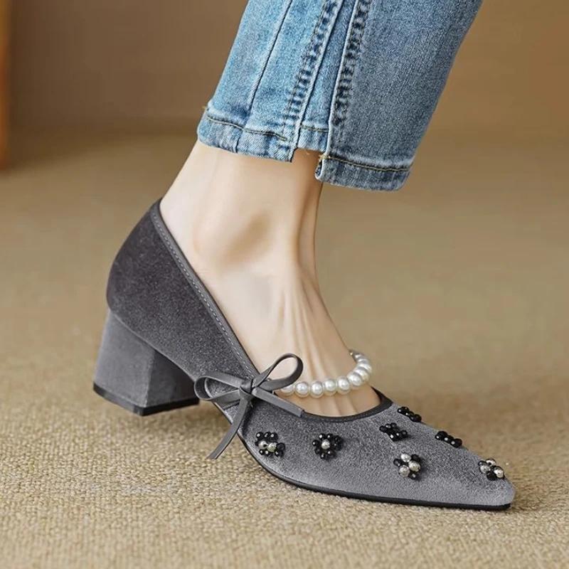 Fashion Japanese Style Lolita Block Heel Woman Pumps with Bow Medium Heels Chunky Pointed Toe Mary Jane Shoes for Women Gothic Pearl Y2k