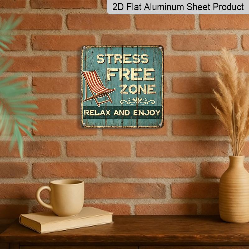 Placa Pendurada de Alumínio 2D Plana 1 Peça Vintage Desgastada Zona Livre de Estresse, Placa "Zona Livre de Estresse Relaxe e Aproveite" e Gráfico de Cadeira de Praia, Parede