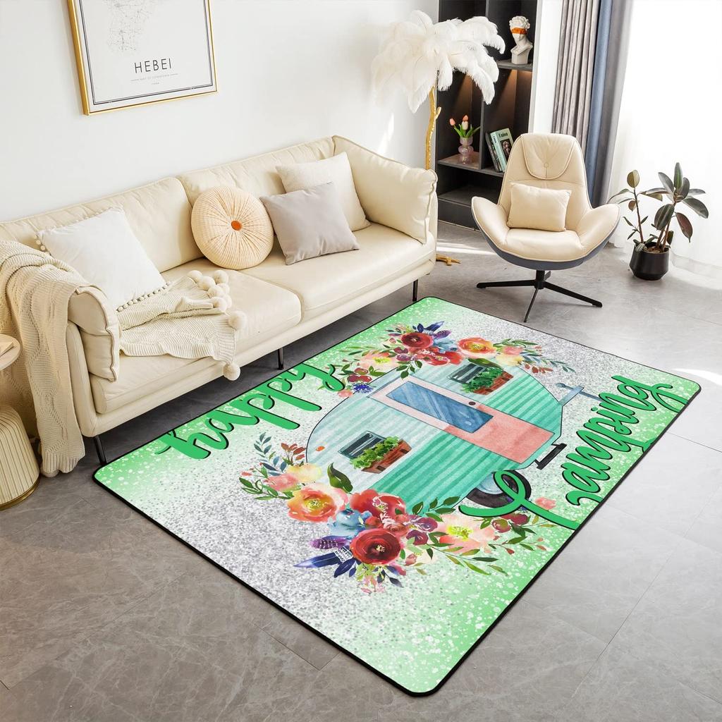 Happy Camping Living Room Rugs,Rv Car Area Rug,Vintage Farmhouse Style Non Slip Carpet, Camper Indoor Floor Mat for Travel Lover