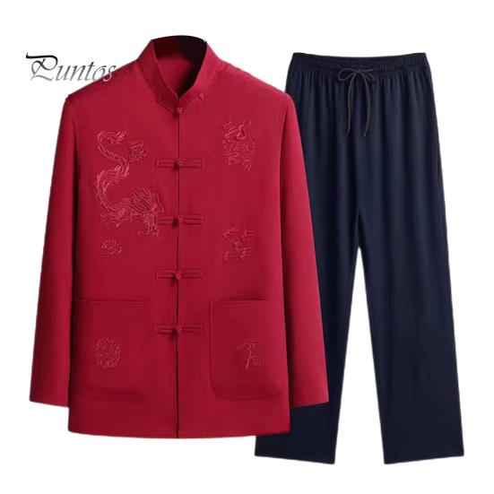 2 Pcs/Set Men Shirt Pants Set Chinese Tang Suit Stand Collar Single-breasted Loose Patch Pockets Elastic Waist Wide Leg Solid Color Mid-aged Men