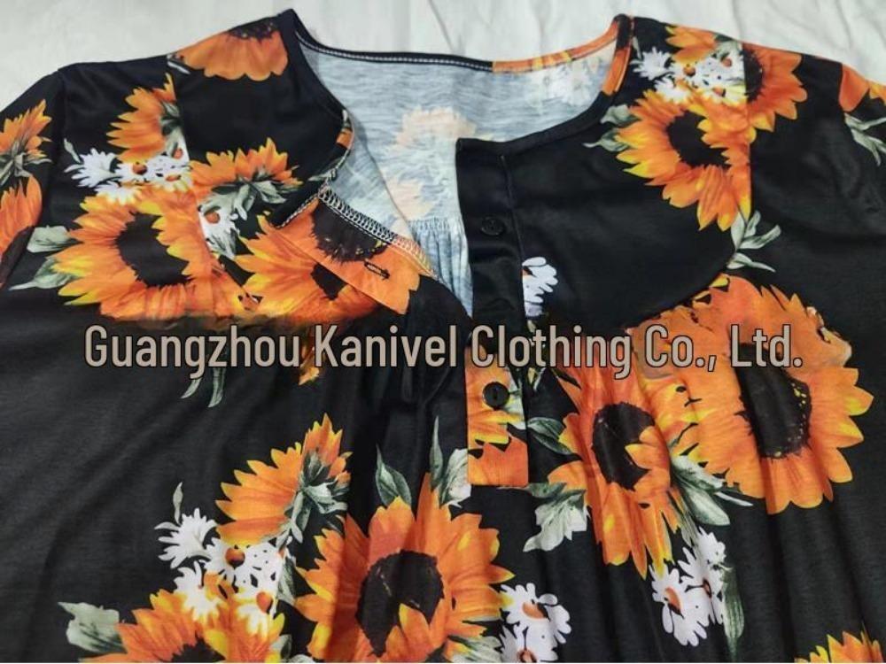 Women Summer Casual Floral Print Short Sleeve Henry Shirt