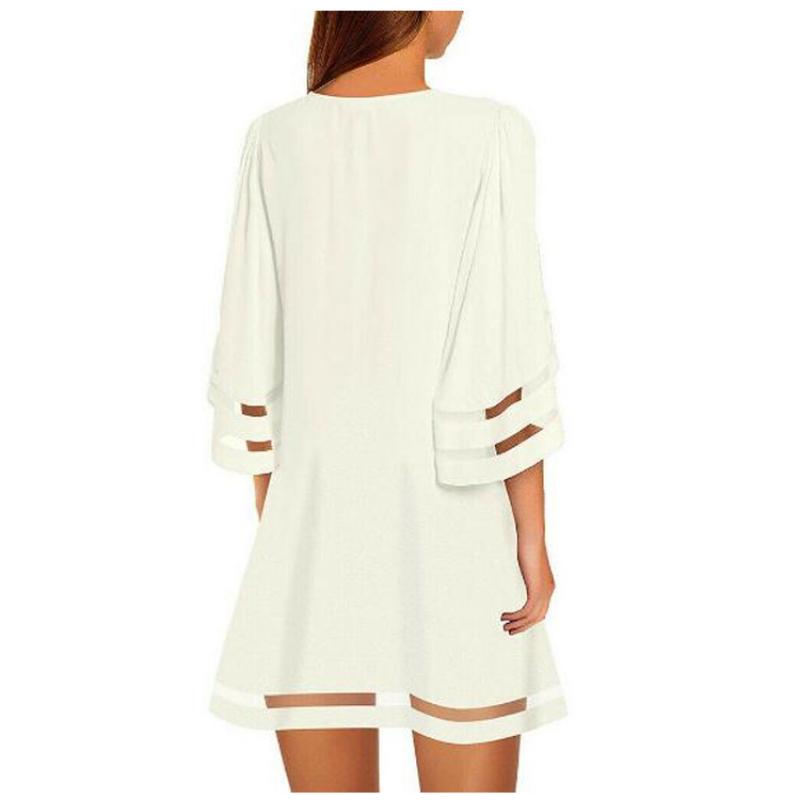 Round Neck Chiffon Dress, Mesh Cutout Bell Half Sleeve Loose Swing Sundress, Sheer Mesh Hem Patchwork Elegant Daily Party Vacation Ladies Short Dress