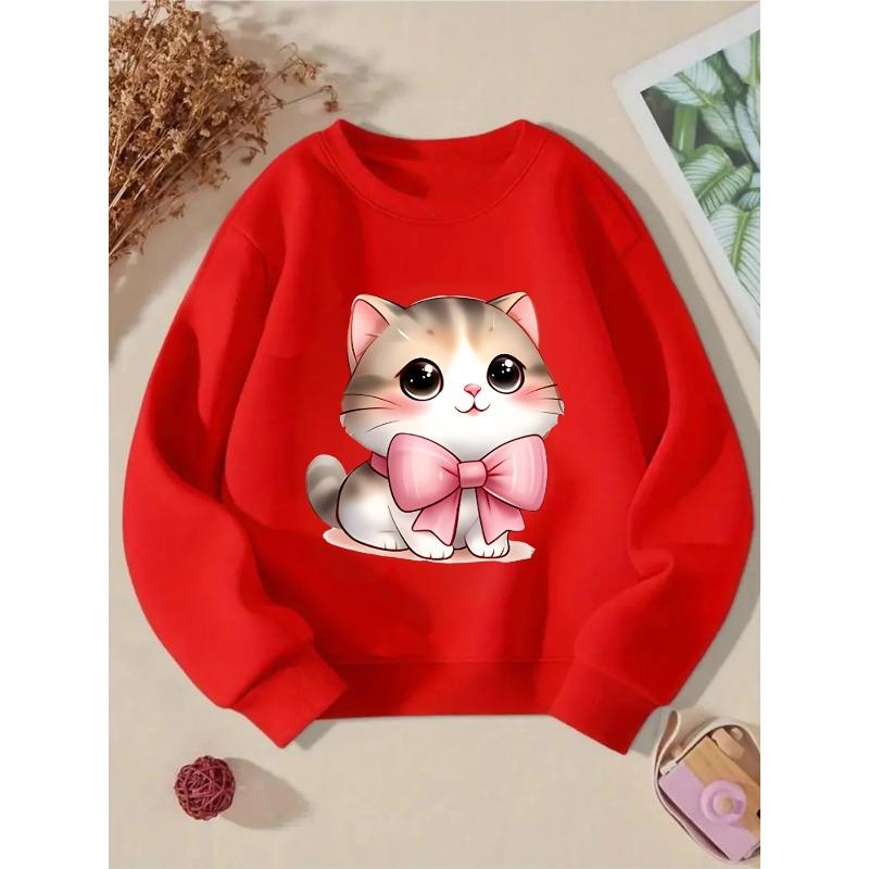 European sizes Crewneck Sweatshirt for Kids Featuring an Adorable Cat with a Pink Bow.Perfect for Sports And Casual Outings. Soft And Comfy