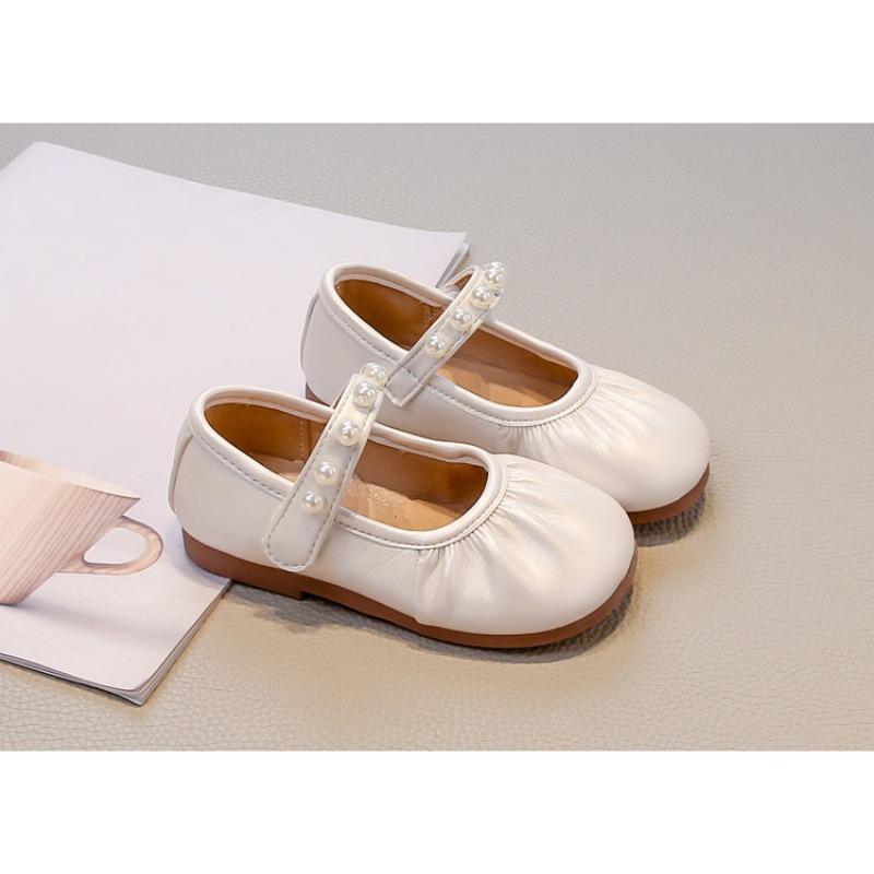 Kids Girls Solid Color Round Toe Pearl Velcro Mary Jane Princess Leather Flats