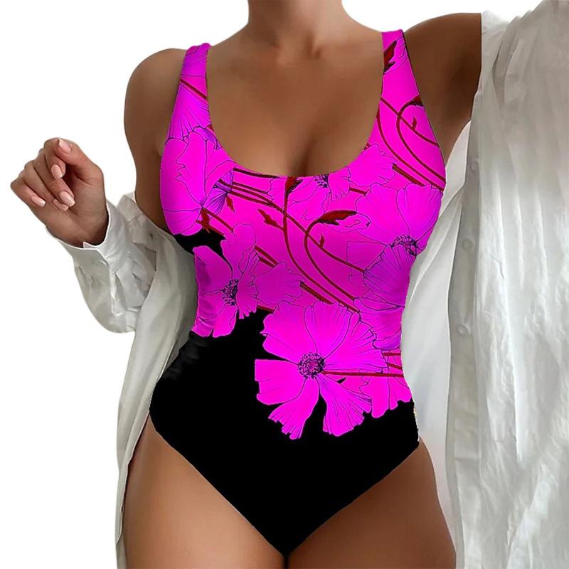 Women One Piece Swimsuit With Floral Print Padded Wireless Sleeveless Open Back Swimwear For Beach Pool Swimming Water Sports S-4XL