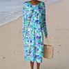 Women's Fashion Casual Long Sleeve Floral Print Round Neck Pocket Elegant Temperament Dress