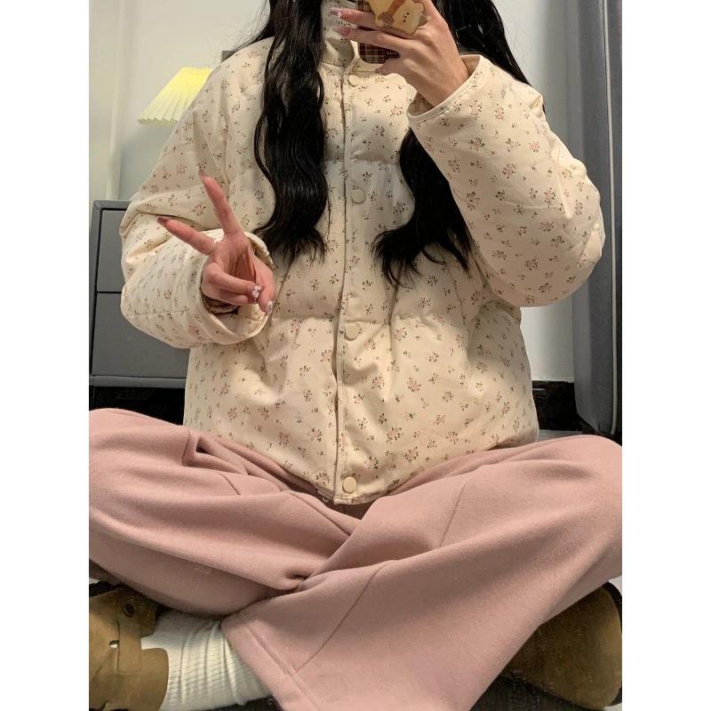 Korean Fashion Design Parkas Stand Up Collar Floral Short Cotton Coats 2026 Winter New Versatile Thick Warm Bread Jacket