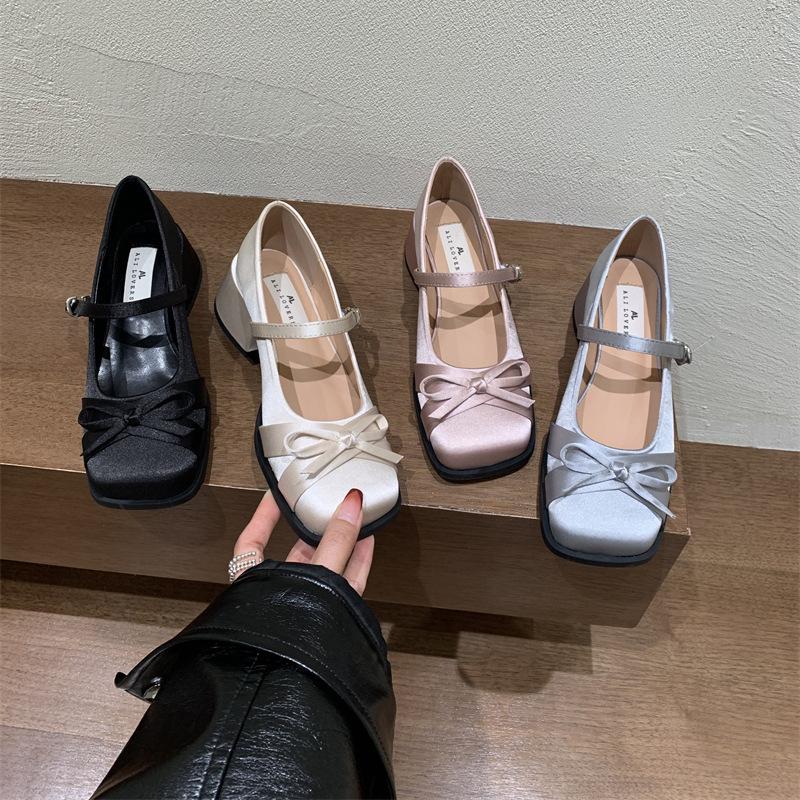 AL Small Fragrant Style Satin Bow Thick Heel Mary Jane Shoes Women's Evening Shoes Spring Light Mouth Medium Heel Single Shoes Small Leather Shoes