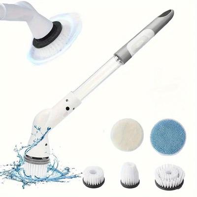 1 ensemble de brosses à récurer rechargeables avec manche long réglable et 6 têtes de brosse remplaçables - Parfait pour nettoyer les salles de bains, les cuisines, les voitures et plus encore