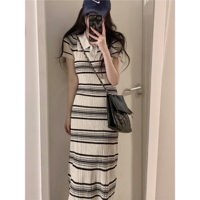

Women s Striped Polo Collar Dress (Summer 2026) - Waist-Cinching, Slim-Fit, Hip-Hugging Mid-Length Skirt One Size
