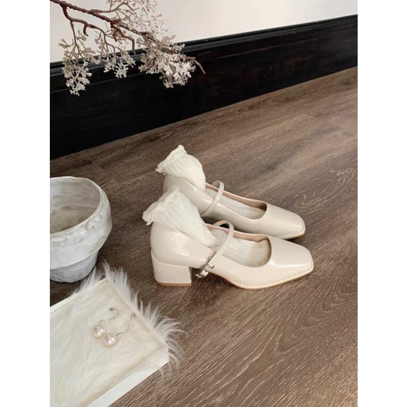 Sheepskin version temperament square head thin word with light mouth commuting thick heel Mary Jane shoes women's single shoes