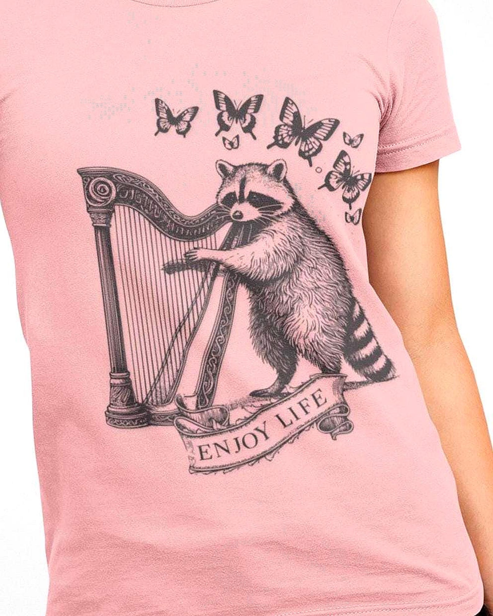 Raccoon Harpist T-Shirt - Engraving Style, Butterfly Ribbon L