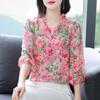 Sommer Neue V-ausschnitt Kragen Holz Ohr Rand Bodenbildung Shirt 3/4 Hülse Chiffon Bluse frauen Mode Alter Reduzierung Top M-4XL
