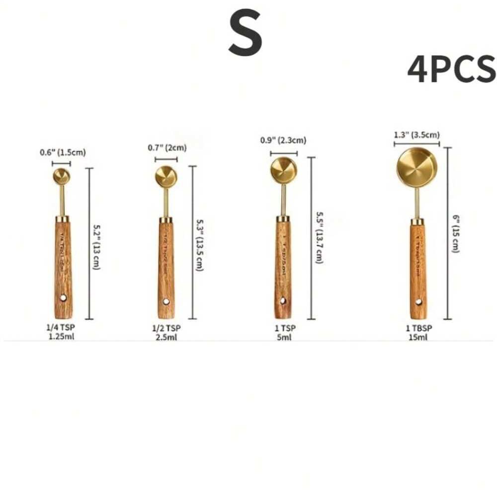 4pcs Golden Measuring Cups and Spoons Set Stainless Steel Measuring Cups Spoons Set with Wooden Handle Baking Kitchen Gadgets