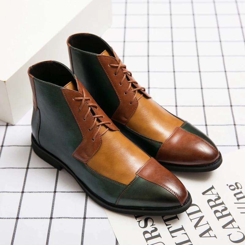 Men New Chelsea Boots Pointed English Style Multi Color Spliced Lace Up Ankle Boots 38-48 Male Boots