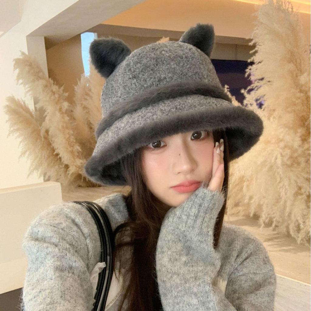 Autumn and Winter New Rabbit Fur Double Ball Basin Hat Cute Soft Cute Bear Ear Hat Women's Cold Bucket Hat